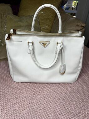 Prada White Saffiano Leather Double-Zip Satchel Tote